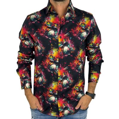 GIOVANNI PERA Koszula męska GP426 muzyczna, kolorowa perkusja, czarne tło | Sklep GriShop.eu | Koszule
