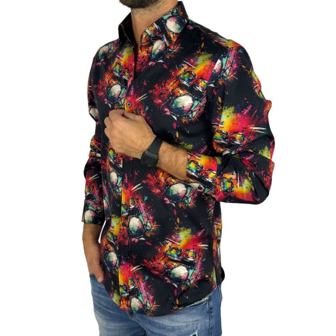 GIOVANNI PERA Koszula męska GP426 muzyczna, kolorowa perkusja, czarne tło | Sklep GriShop.eu | Koszule