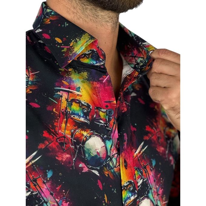 GIOVANNI PERA Koszula męska GP426 muzyczna, kolorowa perkusja, czarne tło | Sklep GriShop.eu | Koszule