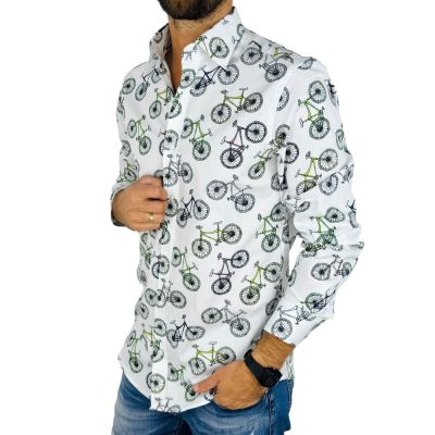 GIOVANNI PERA Koszula męska GP410 biała w ROWERY, wesoła | Sklep GriShop.eu | Koszule