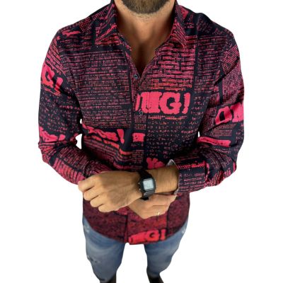 GIOVANNI PERA Koszula męska GP424 czarna, czerwony wzór, napisy, Oh! Yes No, gazeta i inne | Sklep GriShop.eu | Koszule