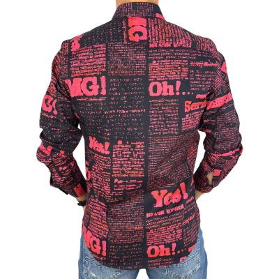 GIOVANNI PERA Koszula męska GP424 czarna, czerwony wzór, napisy, Oh! Yes No, gazeta i inne | Sklep GriShop.eu | Koszule