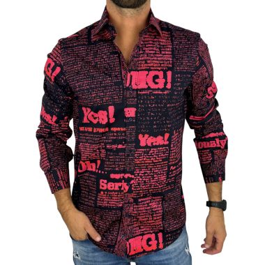 GIOVANNI PERA Koszula męska GP424 czarna, czerwony wzór, napisy, Oh! Yes No, gazeta i inne | Sklep GriShop.eu | Koszule