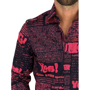 GIOVANNI PERA Koszula męska GP424 czarna, czerwony wzór, napisy, Oh! Yes No, gazeta i inne | Sklep GriShop.eu | Koszule 2