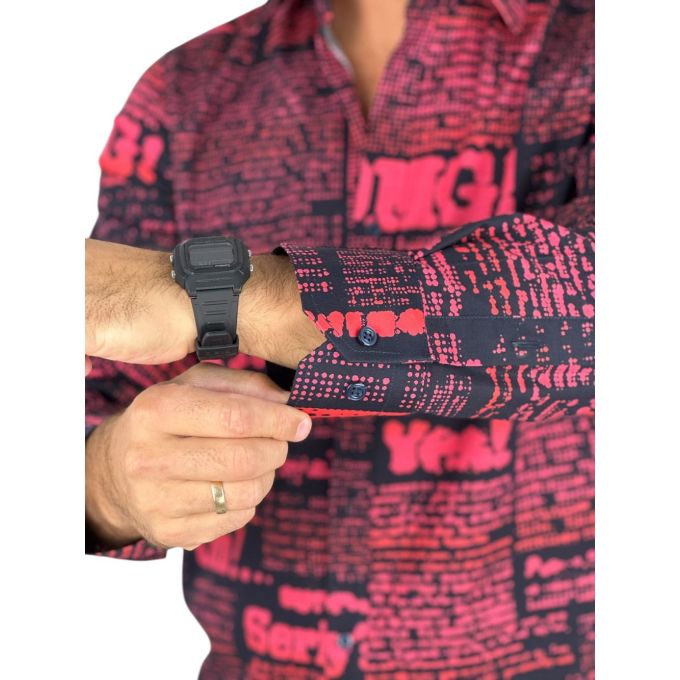 GIOVANNI PERA Koszula męska GP424 czarna, czerwony wzór, napisy, Oh! Yes No, gazeta i inne | Sklep GriShop.eu | Koszule