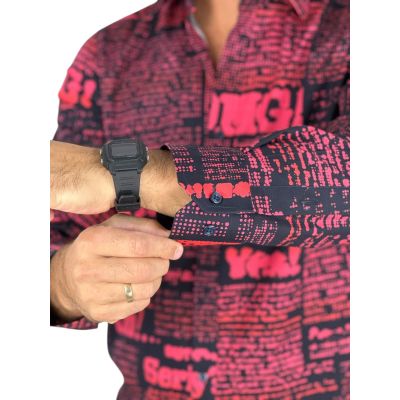 GIOVANNI PERA Koszula męska GP424 czarna, czerwony wzór, napisy, Oh! Yes No, gazeta i inne | Sklep GriShop.eu | Koszule