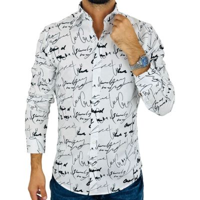 GIOVANNI PERA Koszula męska GP421 biała w czarny wzór - pismo, napisy | Sklep GriShop.eu | Koszule