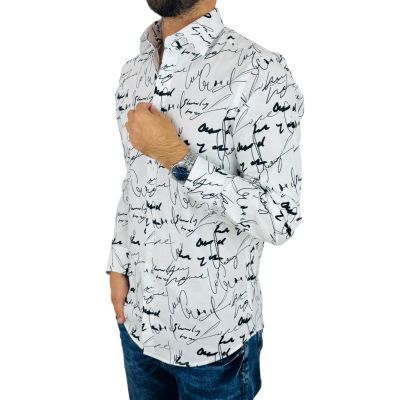 GIOVANNI PERA Koszula męska GP421 biała w czarny wzór - pismo, napisy | Sklep GriShop.eu | Koszule