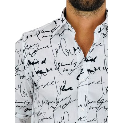 GIOVANNI PERA Koszula męska GP421 biała w czarny wzór - pismo, napisy | Sklep GriShop.eu | Koszule