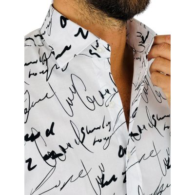 GIOVANNI PERA Koszula męska GP421 biała w czarny wzór - pismo, napisy | Sklep GriShop.eu | Koszule