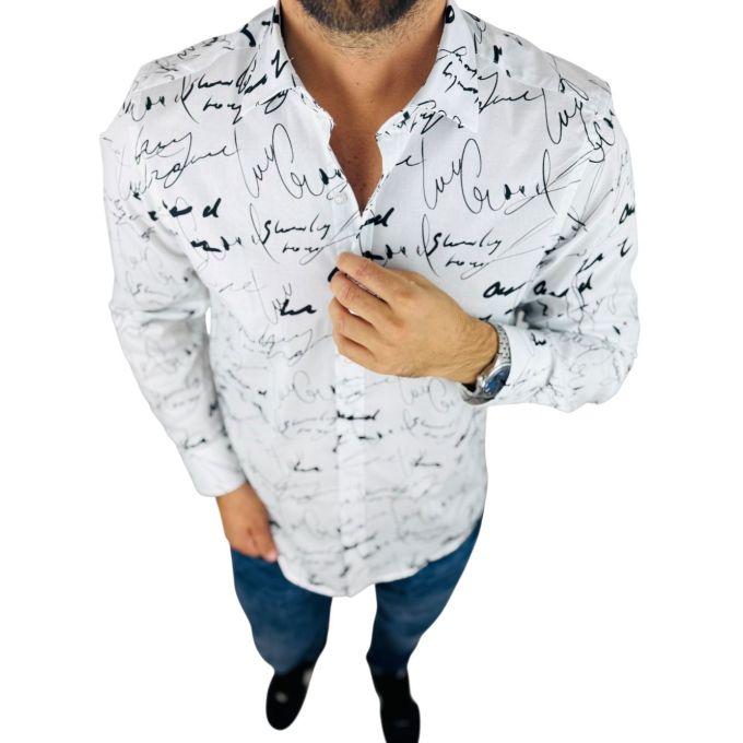 GIOVANNI PERA Koszula męska GP421 biała w czarny wzór - pismo, napisy | Sklep GriShop.eu | Koszule