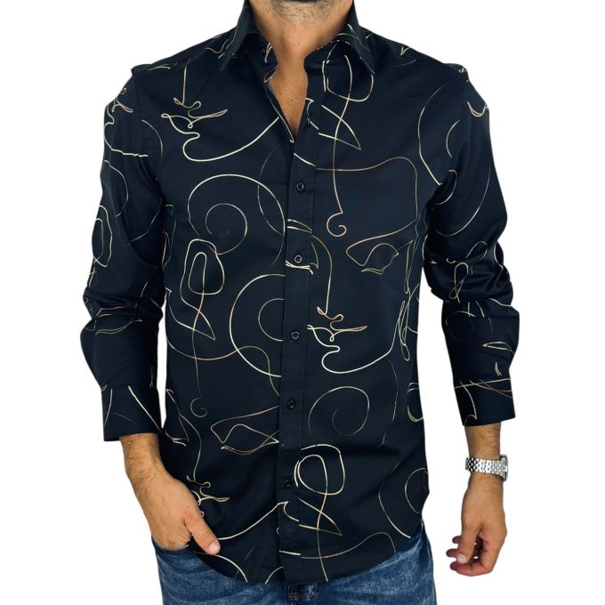 GIOVANNI PERA Koszula męska GP428 glam, czarna, złoty wzór - TWARZE | Sklep GriShop.eu | Koszule