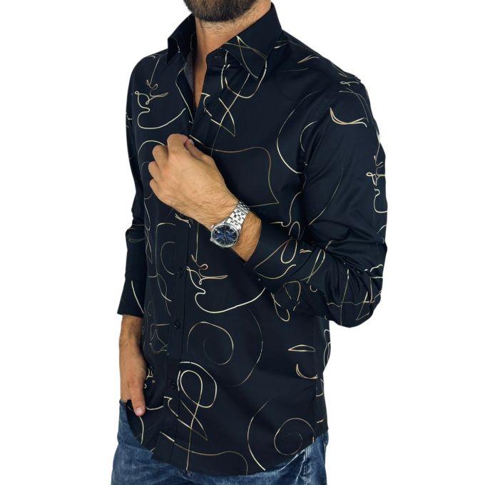 GIOVANNI PERA Koszula męska GP428 glam, czarna, złoty wzór - TWARZE | Sklep GriShop.eu | Koszule