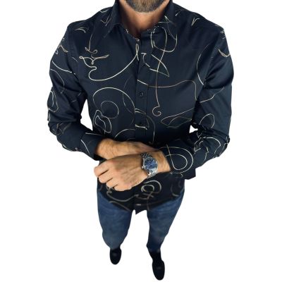 GIOVANNI PERA Koszula męska GP428 glam, czarna, złoty wzór - TWARZE | Sklep GriShop.eu | Koszule