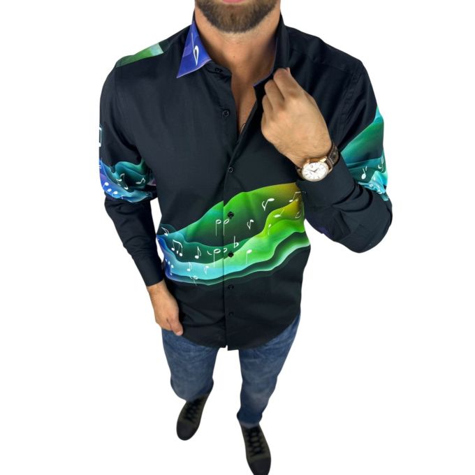 GIOVANNI PERA Koszula męska GP429 czarna, muzyczna, nutki, klucz wiolinowy | Sklep GriShop.eu | Koszule