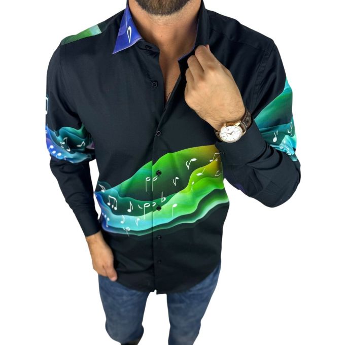 GIOVANNI PERA Koszula męska GP429 czarna, muzyczna, nutki, klucz wiolinowy | Sklep GriShop.eu | Koszule