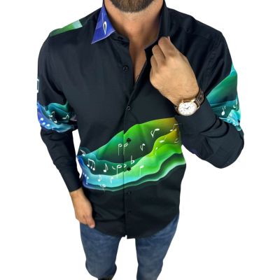 GIOVANNI PERA Koszula męska GP429 czarna, muzyczna, nutki, klucz wiolinowy | Sklep GriShop.eu | Koszule