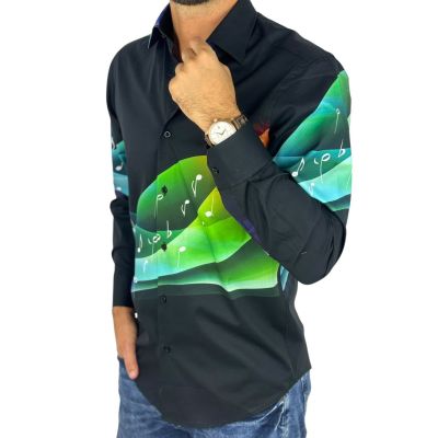 GIOVANNI PERA Koszula męska GP429 czarna, muzyczna, nutki, klucz wiolinowy | Sklep GriShop.eu | Koszule