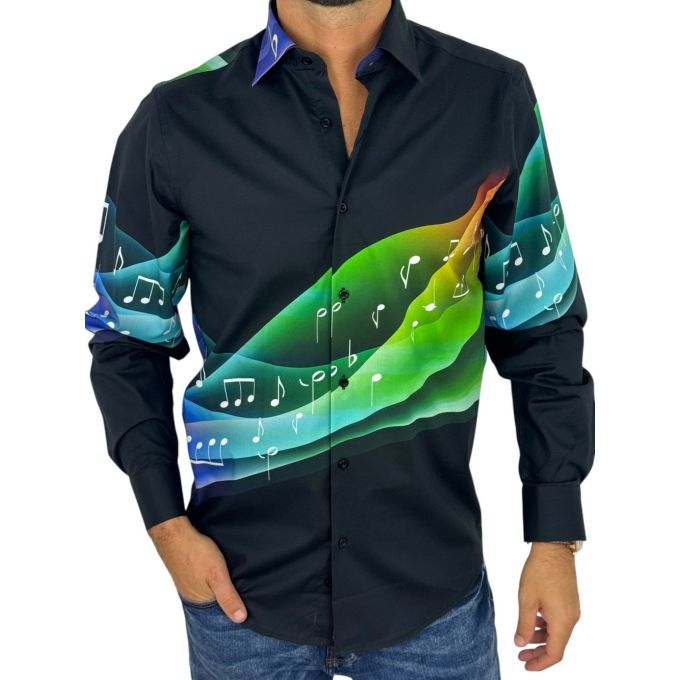GIOVANNI PERA Koszula męska GP429 czarna, muzyczna, nutki, klucz wiolinowy | Sklep GriShop.eu | Koszule