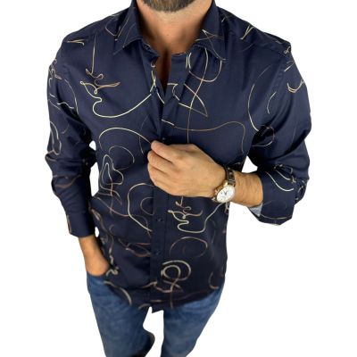 GIOVANNI PERA Koszula męska GP433 granatowa, złoty wzór - TWARZE | Sklep GriShop.eu | Koszule