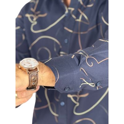 GIOVANNI PERA Koszula męska GP433 granatowa, złoty wzór - TWARZE | Sklep GriShop.eu | Koszule