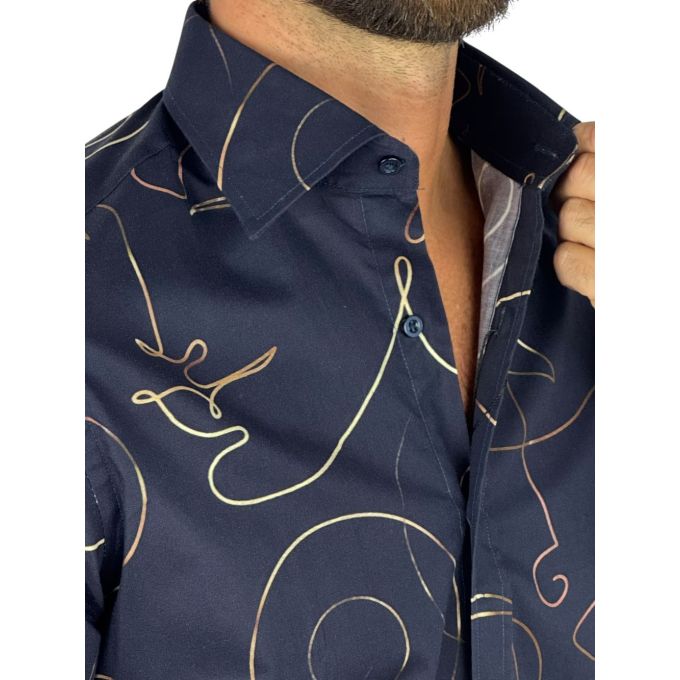 GIOVANNI PERA Koszula męska GP433 granatowa, złoty wzór - TWARZE | Sklep GriShop.eu | Koszule