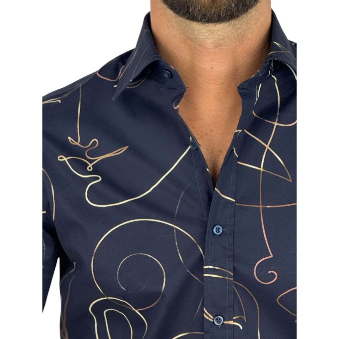 GIOVANNI PERA Koszula męska GP433 granatowa, złoty wzór - TWARZE | Sklep GriShop.eu | Koszule
