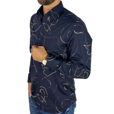 GIOVANNI PERA Koszula męska GP433 granatowa, złoty wzór - TWARZE | Sklep GriShop.eu | Koszule