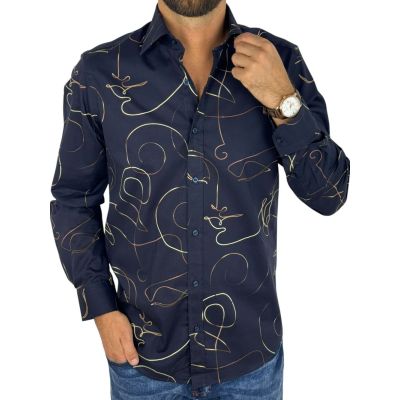 GIOVANNI PERA Koszula męska GP433 granatowa, złoty wzór - TWARZE | Sklep GriShop.eu | Koszule