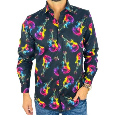 GIOVANNI PERA Koszula męska GP423 czarna, NEON - gitary, muzyczna | Sklep GriShop.eu | Koszule
