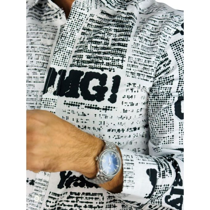 GIOVANNI PERA Koszula męska GP416 biała, czarny wzór, napisy, Oh! Yes No gazeta | Sklep GriShop.eu | Koszule