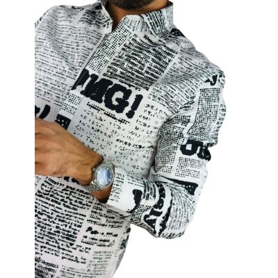 GIOVANNI PERA Koszula męska GP416 biała, czarny wzór, napisy, Oh! Yes No gazeta | Sklep GriShop.eu | Koszule