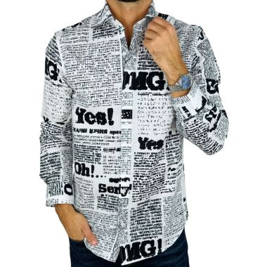 GIOVANNI PERA Koszula męska GP416 biała, czarny wzór, napisy, Oh! Yes No gazeta | Sklep GriShop.eu | Koszule