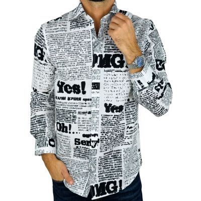 GIOVANNI PERA Koszula męska GP416 biała, czarny wzór, napisy, Oh! Yes No gazeta | Sklep GriShop.eu | Koszule