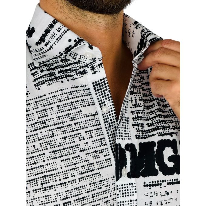 GIOVANNI PERA Koszula męska GP416 biała, czarny wzór, napisy, Oh! Yes No gazeta | Sklep GriShop.eu | Koszule