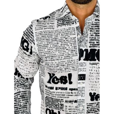 GIOVANNI PERA Koszula męska GP416 biała, czarny wzór, napisy, Oh! Yes No gazeta | Sklep GriShop.eu | Koszule 2