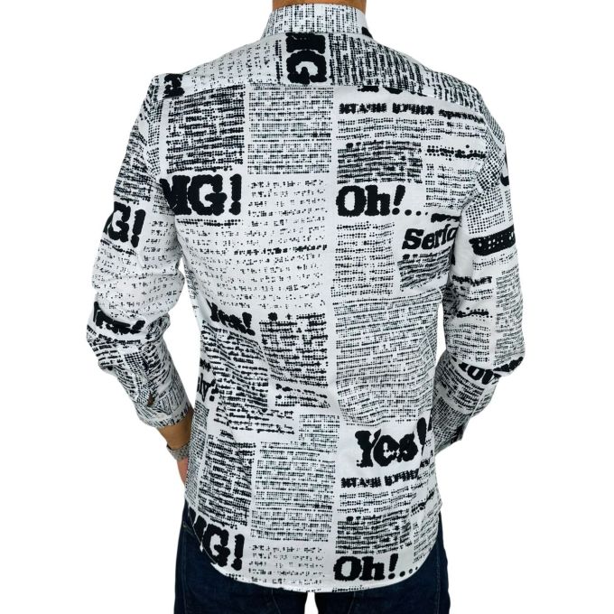 GIOVANNI PERA Koszula męska GP416 biała, czarny wzór, napisy, Oh! Yes No gazeta | Sklep GriShop.eu | Koszule