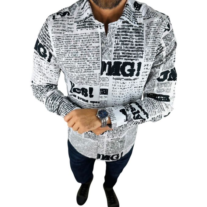 GIOVANNI PERA Koszula męska GP416 biała, czarny wzór, napisy, Oh! Yes No gazeta | Sklep GriShop.eu | Koszule