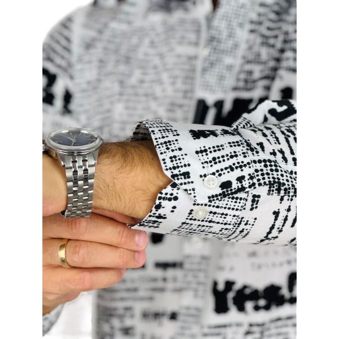 GIOVANNI PERA Koszula męska GP416 biała, czarny wzór, napisy, Oh! Yes No gazeta | Sklep GriShop.eu | Koszule