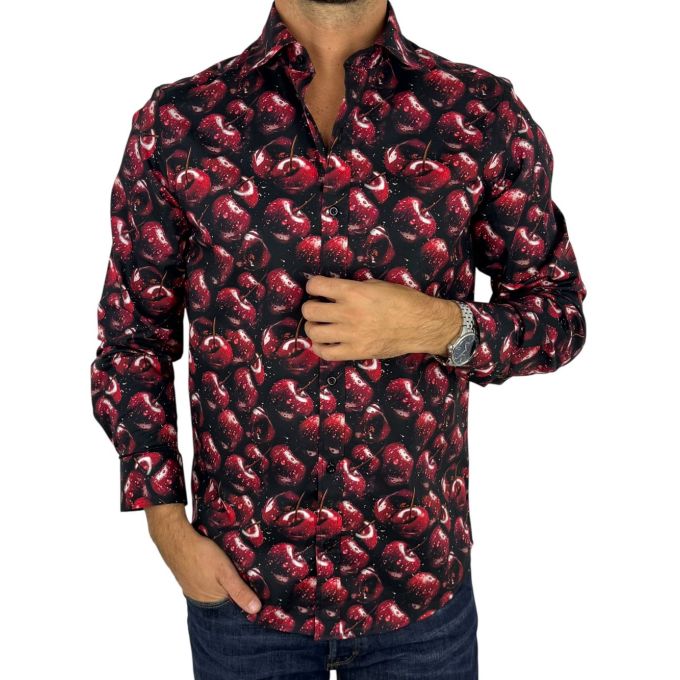 GIOVANNI PERA Koszula męska GP417 czarna w czerwone wiśnie | Sklep GriShop.eu | Koszule
