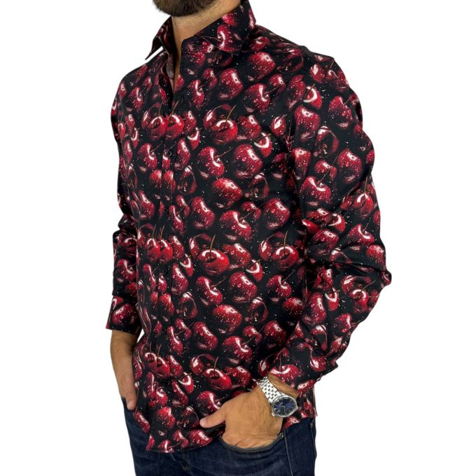 GIOVANNI PERA Koszula męska GP417 czarna w czerwone wiśnie | Sklep GriShop.eu | Koszule