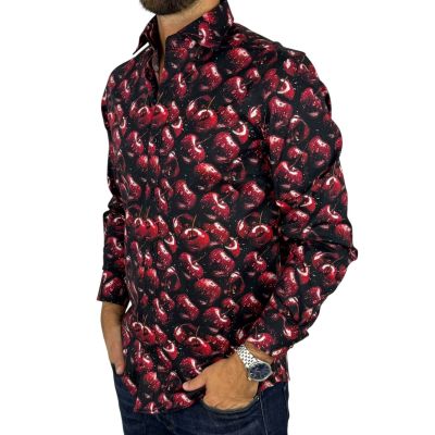 GIOVANNI PERA Koszula męska GP417 czarna w czerwone wiśnie | Sklep GriShop.eu | Koszule