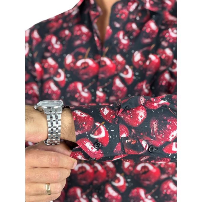 GIOVANNI PERA Koszula męska GP417 czarna w czerwone wiśnie | Sklep GriShop.eu | Koszule