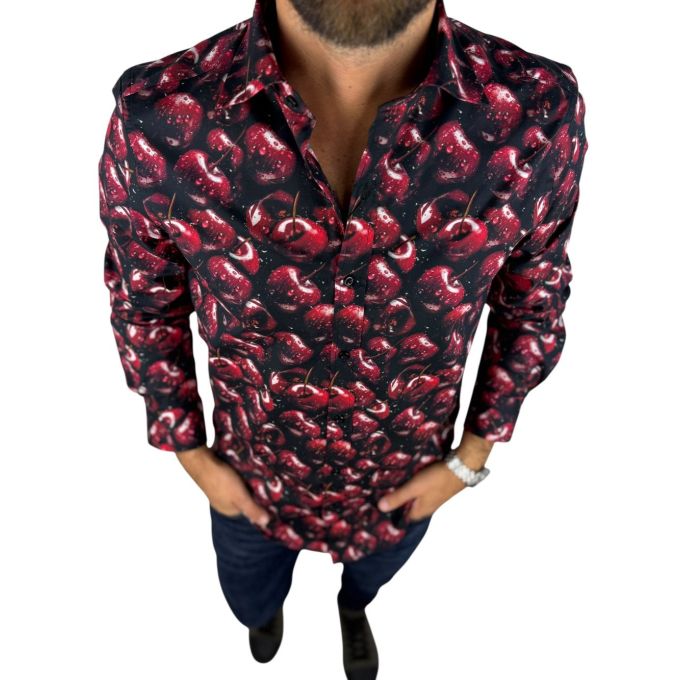 GIOVANNI PERA Koszula męska GP417 czarna w czerwone wiśnie | Sklep GriShop.eu | Koszule