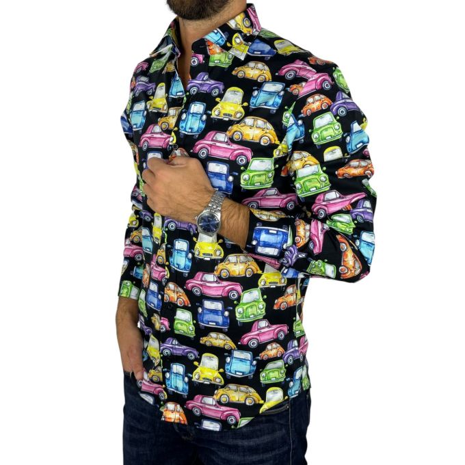 GIOVANNI PERA Koszula męska GP422 czarna, AUTA, kolorowe, wesołe | Sklep GriShop.eu | Koszule
