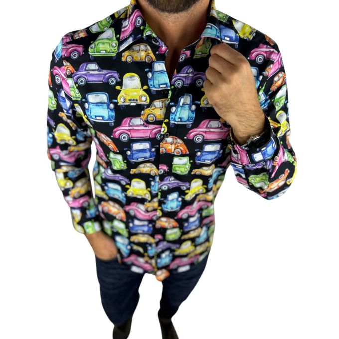 GIOVANNI PERA Koszula męska GP422 czarna, AUTA, kolorowe, wesołe | Sklep GriShop.eu | Koszule
