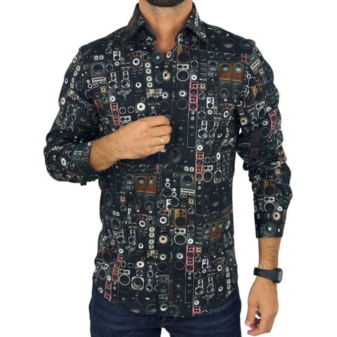 GIOVANNI PERA Koszula męska GP431 głośniki, muzyczna, czarna | Sklep GriShop.eu | Koszule