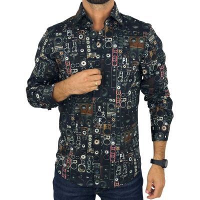 GIOVANNI PERA Koszula męska GP431 głośniki, muzyczna, czarna | Sklep GriShop.eu | Koszule