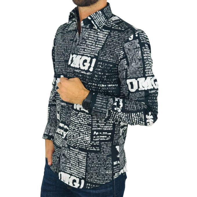 GIOVANNI PERA Koszula męska GP413 czarna, biały wzór, napisy, Oh! Yes No i inne | Sklep GriShop.eu | Koszule