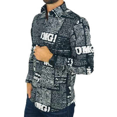 GIOVANNI PERA Koszula męska GP413 czarna, biały wzór, napisy, Oh! Yes No i inne | Sklep GriShop.eu | Koszule